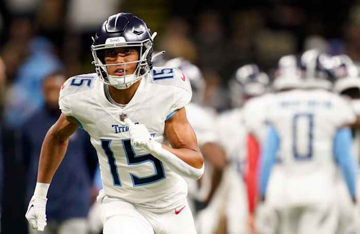Tennessee Titans wide receiver Nick Westbrook-Ikhine (15) warms up as the team gets ready to face the New Orleans Saints at Caesars Superdome.
